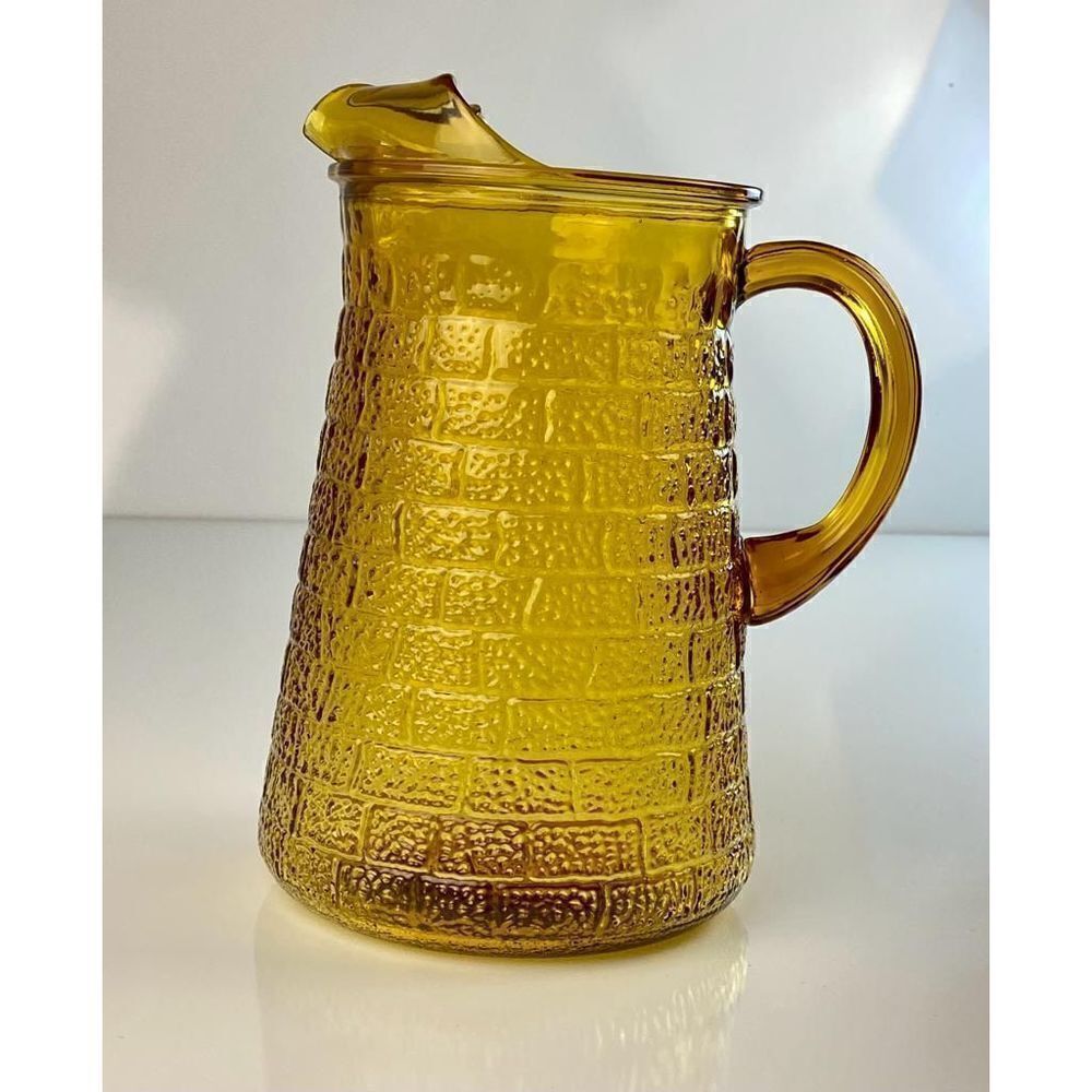 Vintage Amber Indiana Glass Brick Pattern Glass Water Pitcher W/Ice Lip CT0874